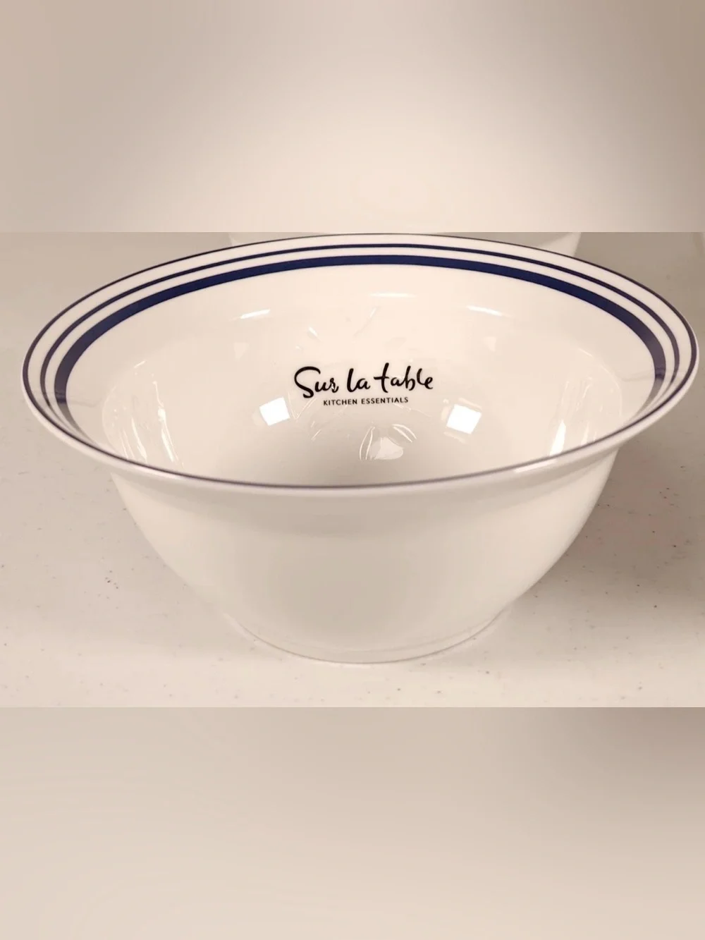 Sur La Table White Ceramic Bowls with Navy Stripe - Set of 4 Bistro style